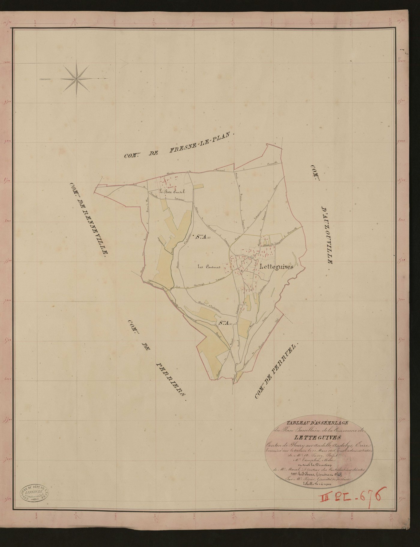 Letteguives. Tableau d'assemblage du Plan Parcellaire de la Commune de Letteguives. _ Canton de Fleury-sur-Andelle - Andelys - Eure. _ Terminé sur le terrain le 12 mars 1836, sous l'administration de M. A. Passy, Préfet - M. Templeu, Maire 