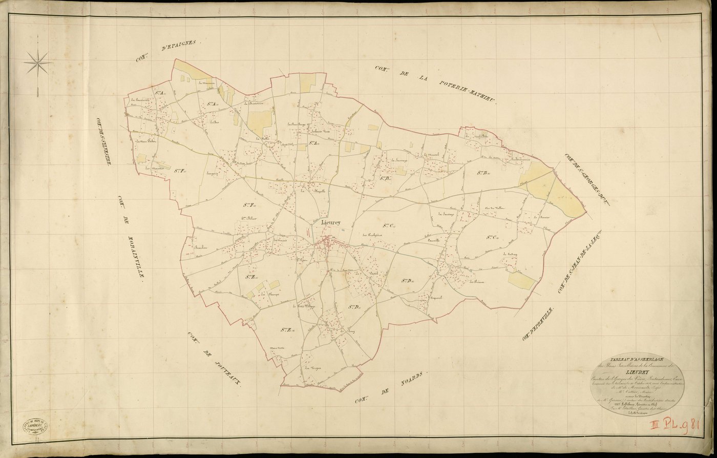 Lieurey. Tableau d'assemblage _ du Plan Parcellaire de la Commune de Lieurey _ Canton de St Georges-du-Vièvre - Pontaudemer - Eure. _ Terminé sur le Terrain le 10 octobre 1832 , sous l'administration de M. de Monicault, Préfet _ M. Vattier,