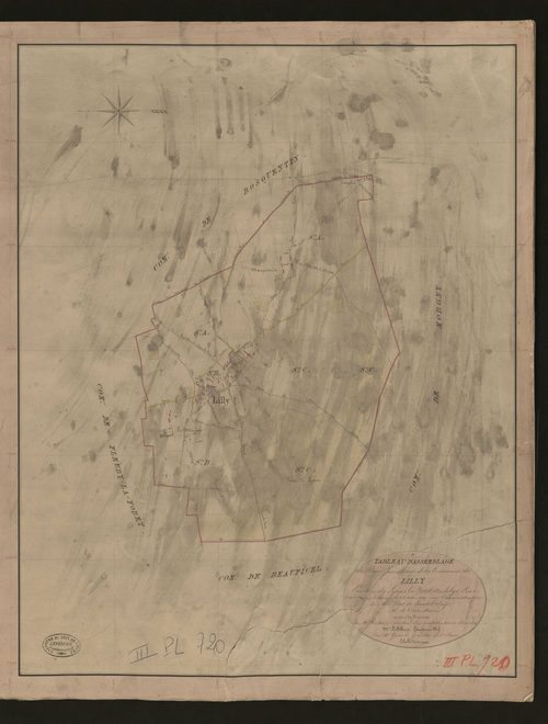 Lilly. Tableau d'assemblage du Plan Parcellaire de la Commune de Lilly _ Canton de Lyons-la-Forêt - Andelys - Eure. _ Terminé sur le terrain le 2 octobre 1847, sous l'administration de M. Petit de Bantel, Préfet - M. de l'Isle, Maire et sou