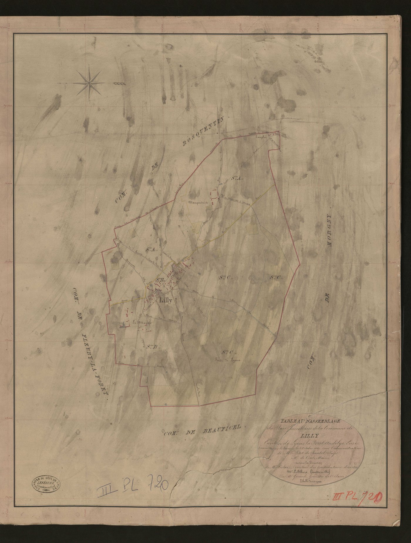 Lilly. Tableau d'assemblage du Plan Parcellaire de la Commune de Lilly _ Canton de Lyons-la-Forêt - Andelys - Eure. _ Terminé sur le terrain le 2 octobre 1847, sous l'administration de M. Petit de Bantel, Préfet - M. de l'Isle, Maire et sou