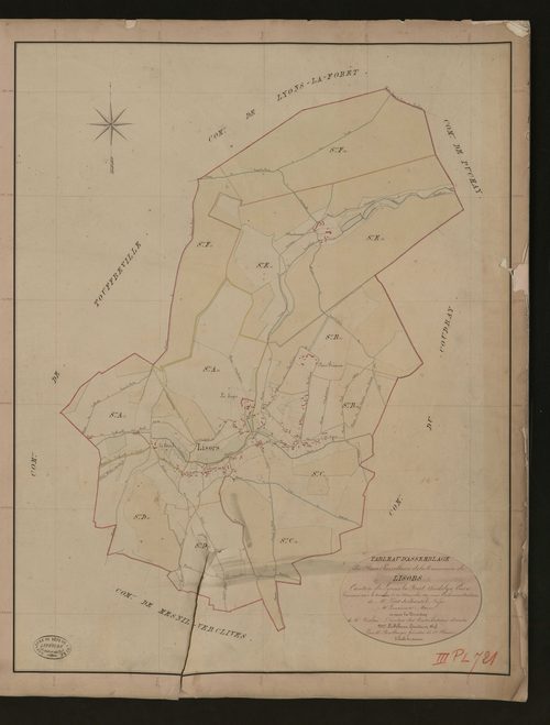 Lisors. Tableau d'assemblage du Plan Parcellaire de la Commune de Lisors _ Canton de Lyons-la-Forêt - Andelys - Eure. _ Terminé sur le terrain le 20 novembre 1847, sous l'administration de M. Petit de Bandel, Préfet - M. Lemonnier, Maire et
