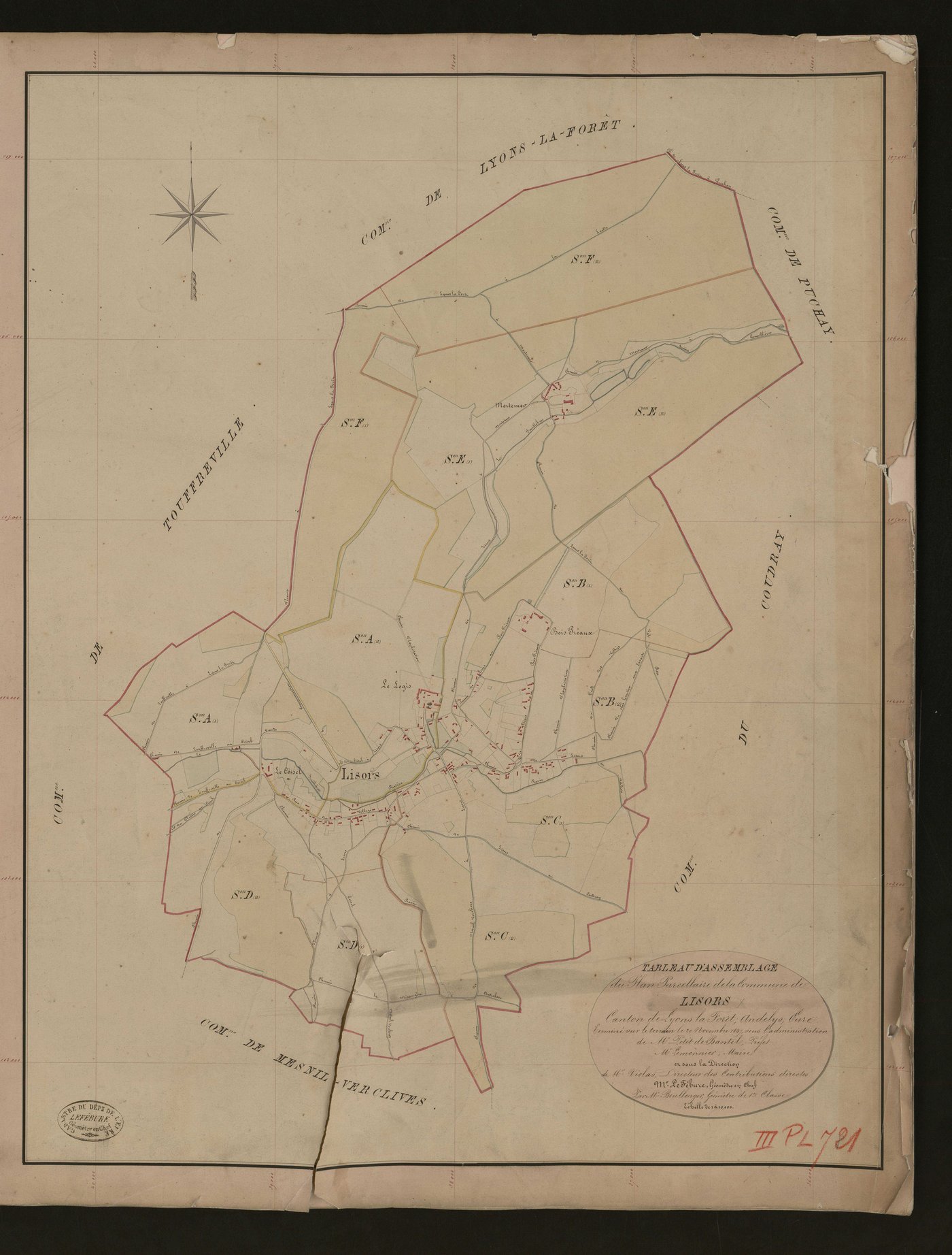 Lisors. Tableau d'assemblage du Plan Parcellaire de la Commune de Lisors _ Canton de Lyons-la-Forêt - Andelys - Eure. _ Terminé sur le terrain le 20 novembre 1847, sous l'administration de M. Petit de Bandel, Préfet - M. Lemonnier, Maire et