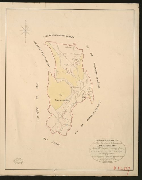 Livet-sur-Authou. Tableau d'assemblage du Plan Parcellaire de la Commune de Livet-sur-Authou. _ Canton de Brionne - Bernay - Eure. _ Terminé sur le terrain en 1827, sous l'administration de M. Le Vicomte Raymond Delaitre, Préfet - M. Adelin