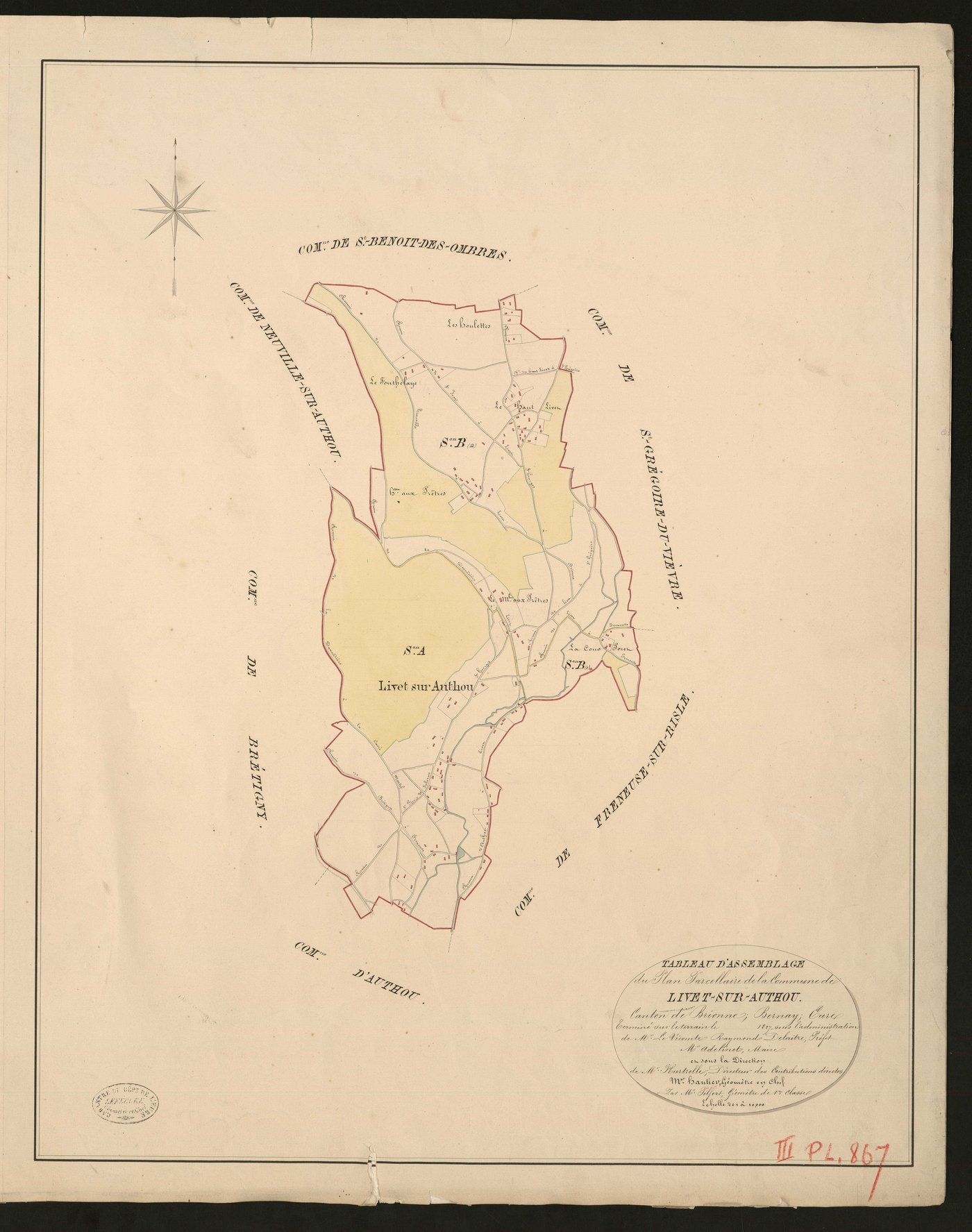 Livet-sur-Authou. Tableau d'assemblage du Plan Parcellaire de la Commune de Livet-sur-Authou. _ Canton de Brionne - Bernay - Eure. _ Terminé sur le terrain en 1827, sous l'administration de M. Le Vicomte Raymond Delaitre, Préfet - M. Adelin