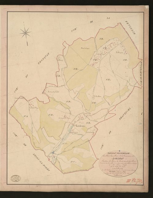 Lorleau. Tableau d'assemblage du Plan Parcellaire de la Commune de Lorleau _ Canton de Lyons-la-Forêt - Andelys - Eure. _ Terminé sur le terrain le 31 mars 1848, sous l'administration de M. Fléau, Préfet - M. Folleville, Maire et sous la di