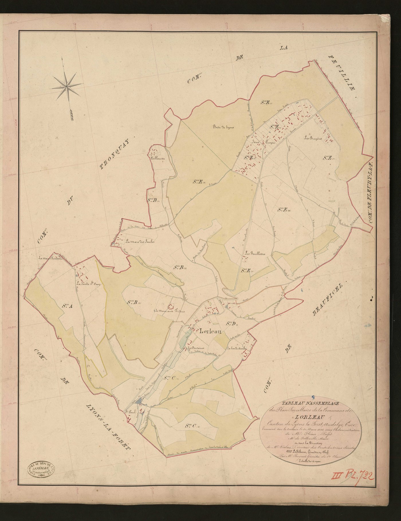 Lorleau. Tableau d'assemblage du Plan Parcellaire de la Commune de Lorleau _ Canton de Lyons-la-Forêt - Andelys - Eure. _ Terminé sur le terrain le 31 mars 1848, sous l'administration de M. Fléau, Préfet - M. Folleville, Maire et sous la di