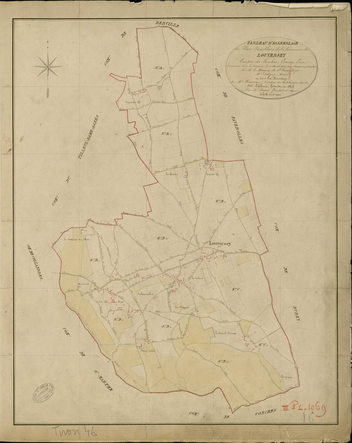 Louversey. Tableau d'assemblage _ du Plan Parcellaire de la Commune de Louversey _ Canton de Conches - Evreux - Eure. _ Terminé sur le Terrain le 11 Avril 1854 , sous l'administration de M. La Marquis de St Croix, Préfet _ M. Soligny, Maire