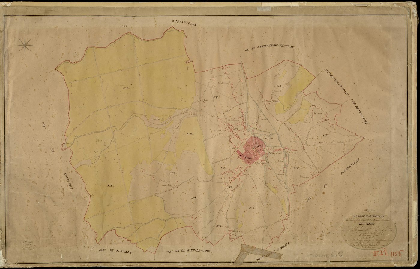 Louviers. Tableau d'assemblage _ du Plan Parcellaire de la Commune de Louviers _ Canton de Louviers - Louviers - Eure. _ Terminé sur le Terrain en 1823, sous l'administration de M. Raymond Delaître, Préfet _ M. Coquerl, Maire _ sous la Dire