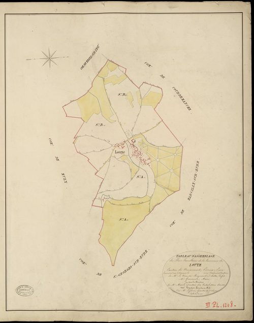 Louye. Tableau d'assemblage _ du Plan Parcellaire de la Commune de Louye _ Canton de Nonancourt - Evreux - Eure. _ Terminé sur le Terrain le , sous l'administration de M. Le Vicomte Raymond Delaitre, Préfet _ M. Grossauvre, Maire _ et sous 