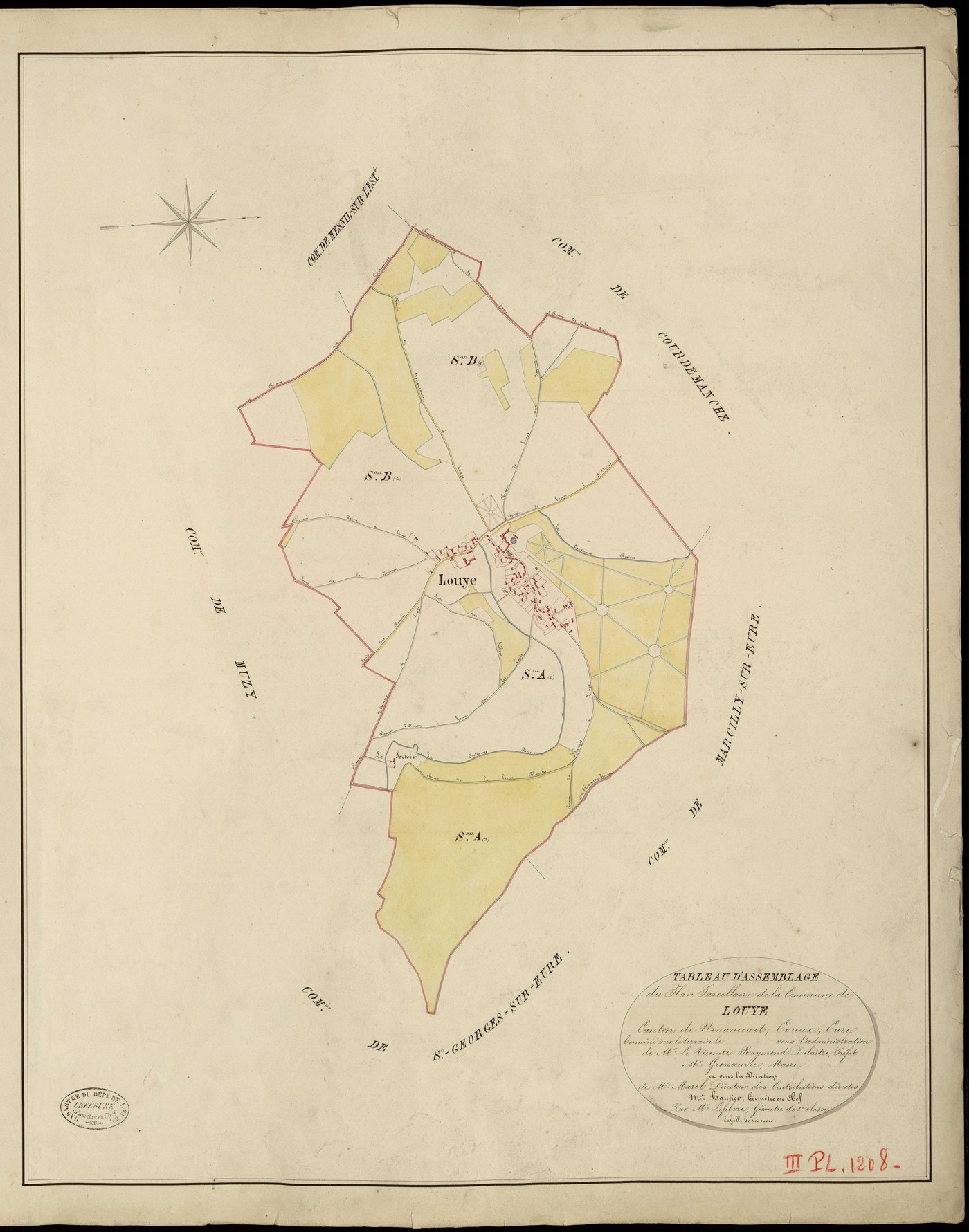 Louye. Tableau d'assemblage _ du Plan Parcellaire de la Commune de Louye _ Canton de Nonancourt - Evreux - Eure. _ Terminé sur le Terrain le , sous l'administration de M. Le Vicomte Raymond Delaitre, Préfet _ M. Grossauvre, Maire _ et sous 