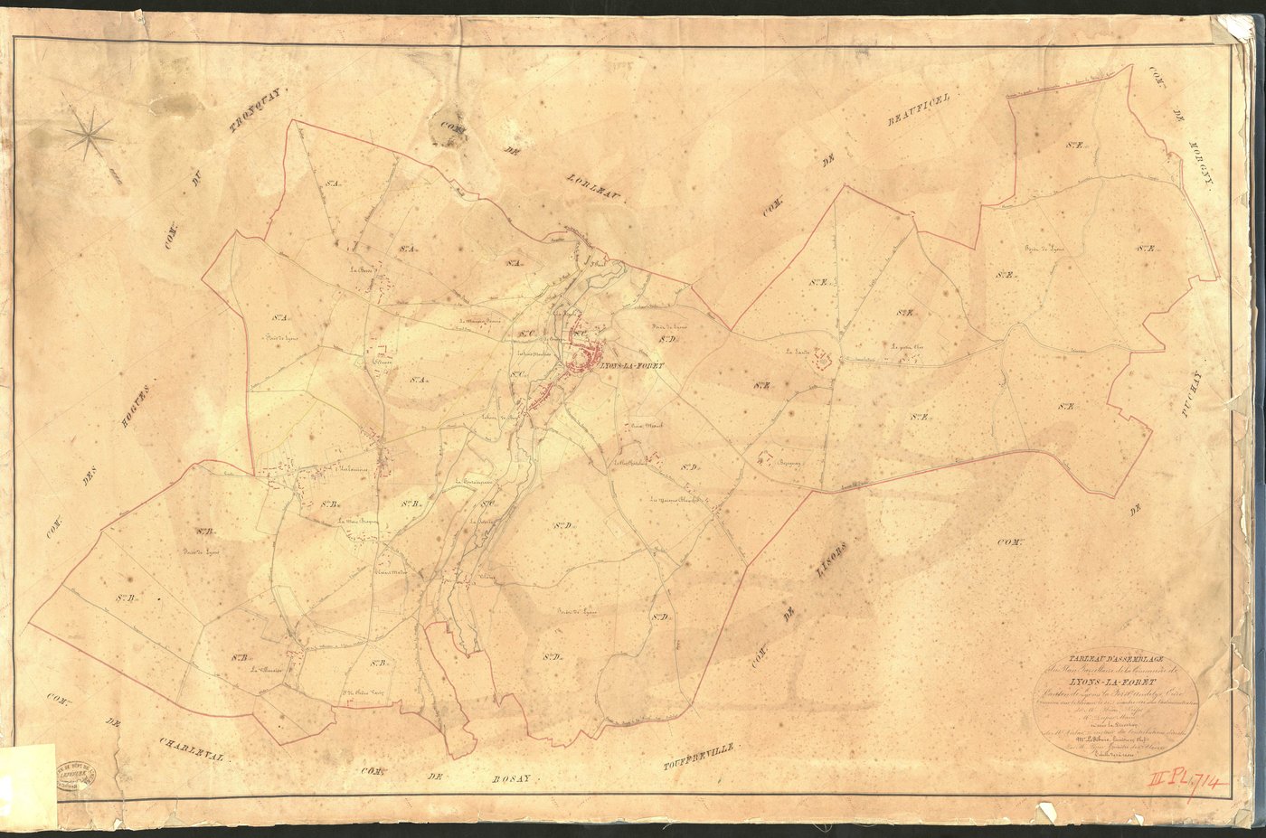 Lyons-la-Forêt. Tableau d'assemblage du Plan Parcellaire de la Commune de Lyons-la-Forêt _ Canton de Lyons-la-Forêt - Andelys - Eure. _ Terminé sur le terrain le 31 décembre 1848, sous l'administration de M. Fléau, Préfet - M. Dufour, Maire