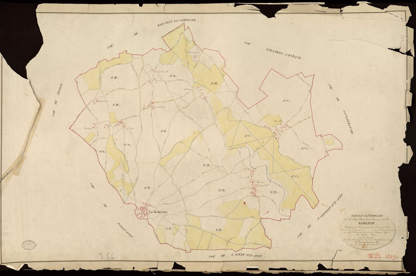 Madeleine-de-Nonancourt (La). Tableau d'assemblage _ du Plan Parcellaire de la Commune de Madeleine _ Canton de Nonancourt - Evreux - Eure. _ Terminé sur le Terrain le , sous l'administration de M. Le Vicomte Raymond Delaitre, Préfet _ M. M