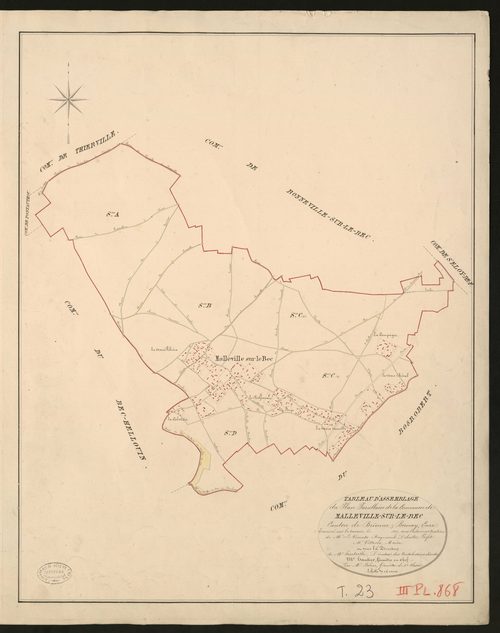 Malleville-sur-le-Bec. Tableau d'assemblage du Plan Parcellaire de la Commune de Malleville-sur-le-Bec. _ Canton de Brionne - Bernay - Eure. _ Terminé sur le terrain le 1827, sous l'administration de M. Le Vicomte Raymond Delaitre, Préfet -