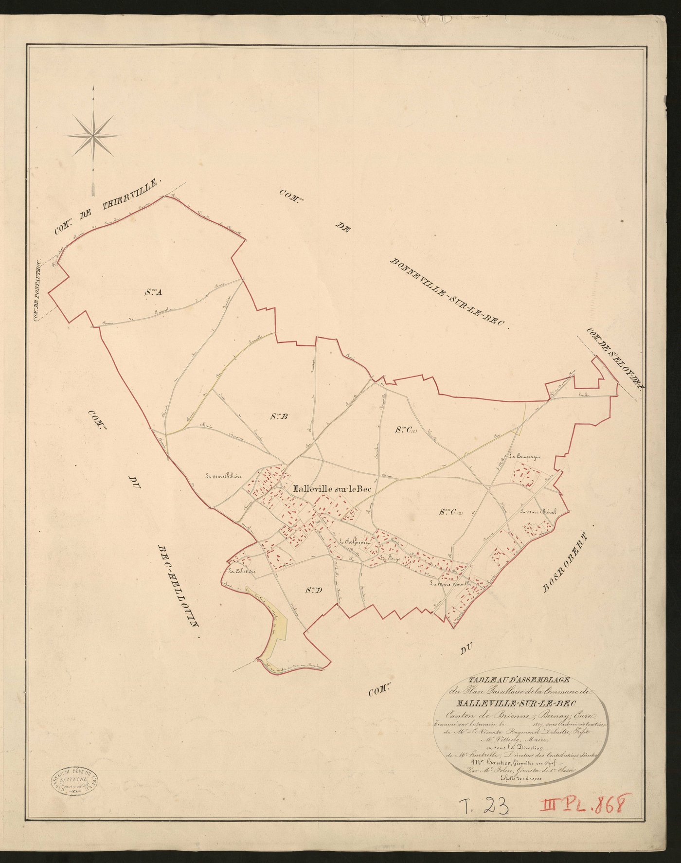 Malleville-sur-le-Bec. Tableau d'assemblage du Plan Parcellaire de la Commune de Malleville-sur-le-Bec. _ Canton de Brionne - Bernay - Eure. _ Terminé sur le terrain le 1827, sous l'administration de M. Le Vicomte Raymond Delaitre, Préfet -