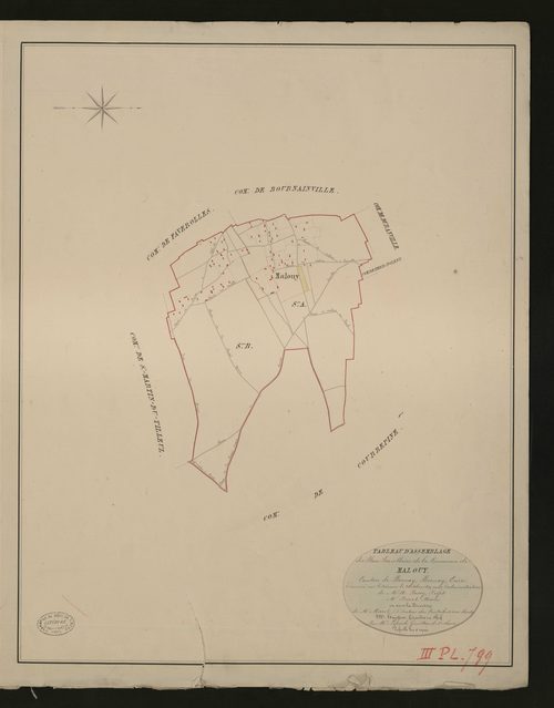Malouy. Tableau d'assemblage du Plan Parcellaire de la Commune de Malouy _ Canton de Bernay - Bernay - Eure. _ Terminé sur le terrain le 2 octobre 1830, sous l'administration de M. A Passy, Préfet - M. Furet, Maire et sous la direction de M