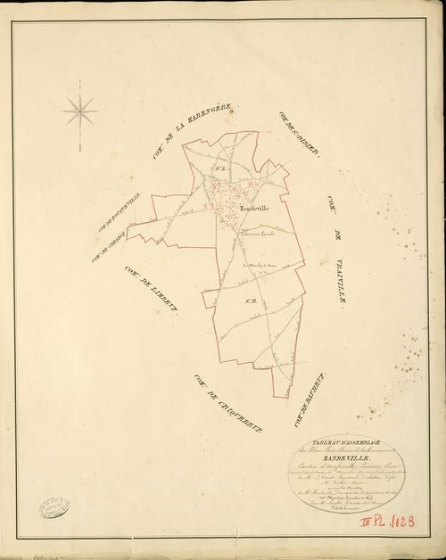 Mandeville. Tableau d'assemblage _ du Plan Parcellaire de la Commune de Mandeville _ Canton d'Amfreville - Louviers - Eure. _ Terminé sur le Terrain en Novembre 1829 , sous l'administration de M. Le Vicomte Raymond Delaître , Préfet _ M. Fo
