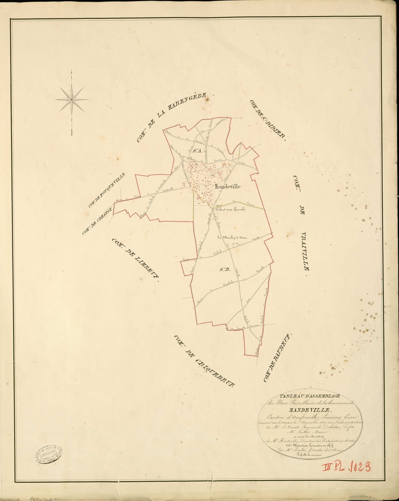 Mandeville. Tableau d'assemblage _ du Plan Parcellaire de la Commune de Mandeville _ Canton d'Amfreville - Louviers - Eure. _ Terminé sur le Terrain en Novembre 1829 , sous l'administration de M. Le Vicomte Raymond Delaître , Préfet _ M. Fo