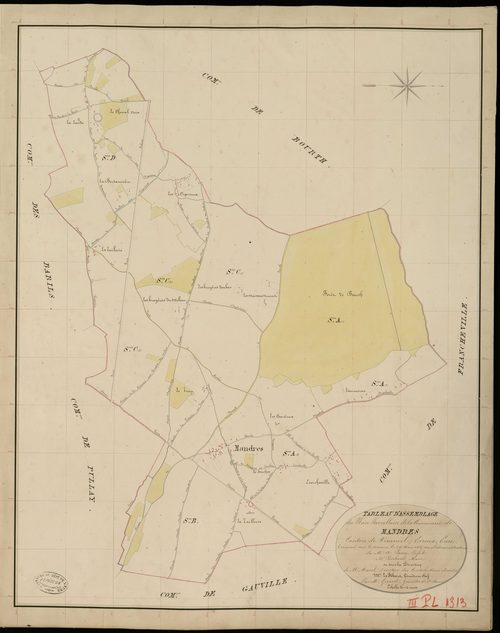 Mandres. Tableau d'assemblage _ du Plan Parcellaire de la Commune de Mandres _ Canton de Verneuil - Evreux - Eure. _ Terminé sur le Terrain le 26 Mars 1836, sous l'administration de M. A. Passy, Préfet _ M. Pescheur, Maire _ et sous la Dire