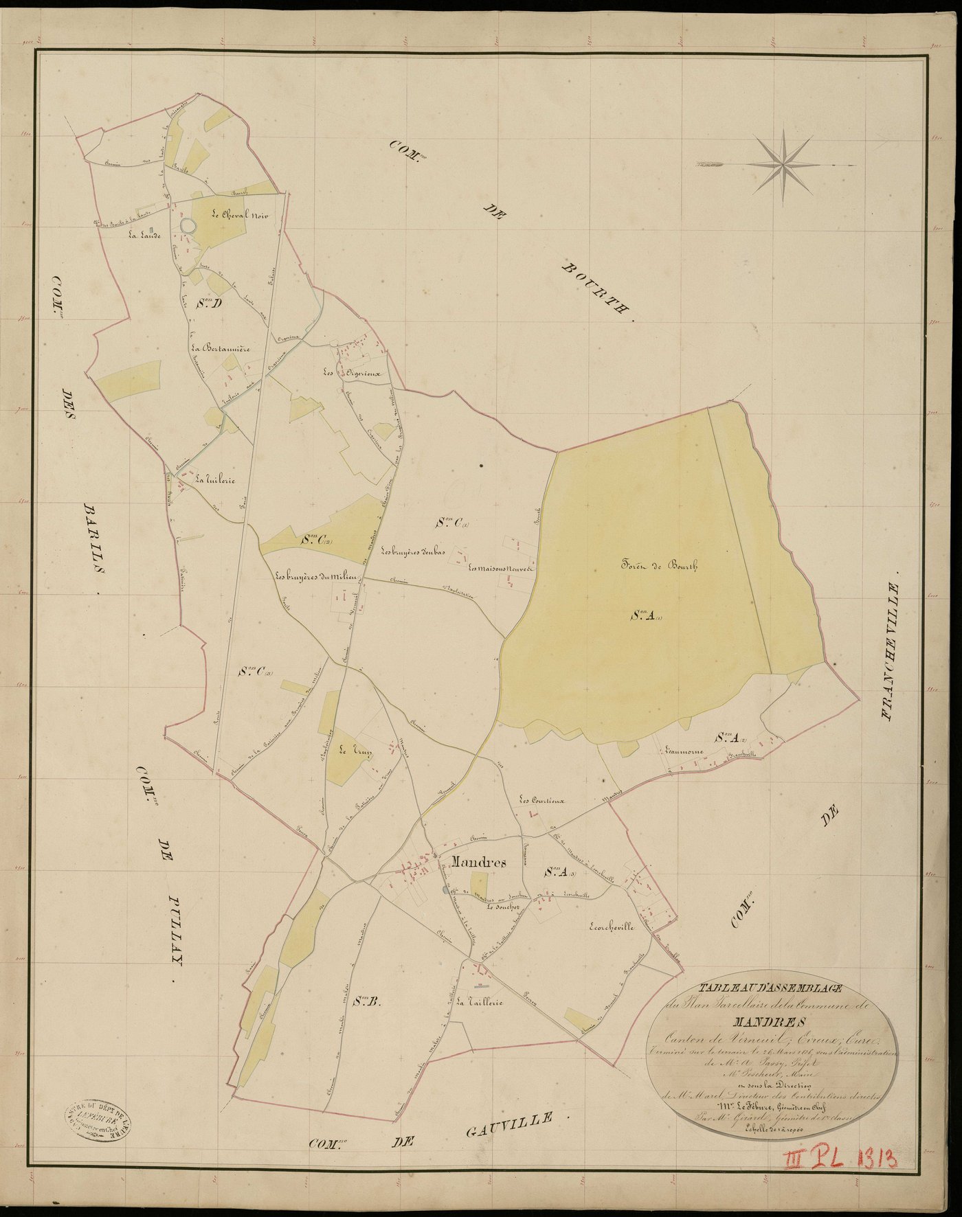 Mandres. Tableau d'assemblage _ du Plan Parcellaire de la Commune de Mandres _ Canton de Verneuil - Evreux - Eure. _ Terminé sur le Terrain le 26 Mars 1836, sous l'administration de M. A. Passy, Préfet _ M. Pescheur, Maire _ et sous la Dire