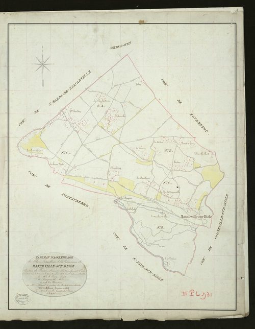 Manneville-sur-Risle. Tableau d'assemblage _ du Plan Parcellaire de la Commune de Manneville-sur-Risle _ Canton de Pontaudemer - Pontaudemer - Eure. _ Terminé sur le Terrain le 20 Septembre 1835, sous l'administration de M. A Passy, Préfet 