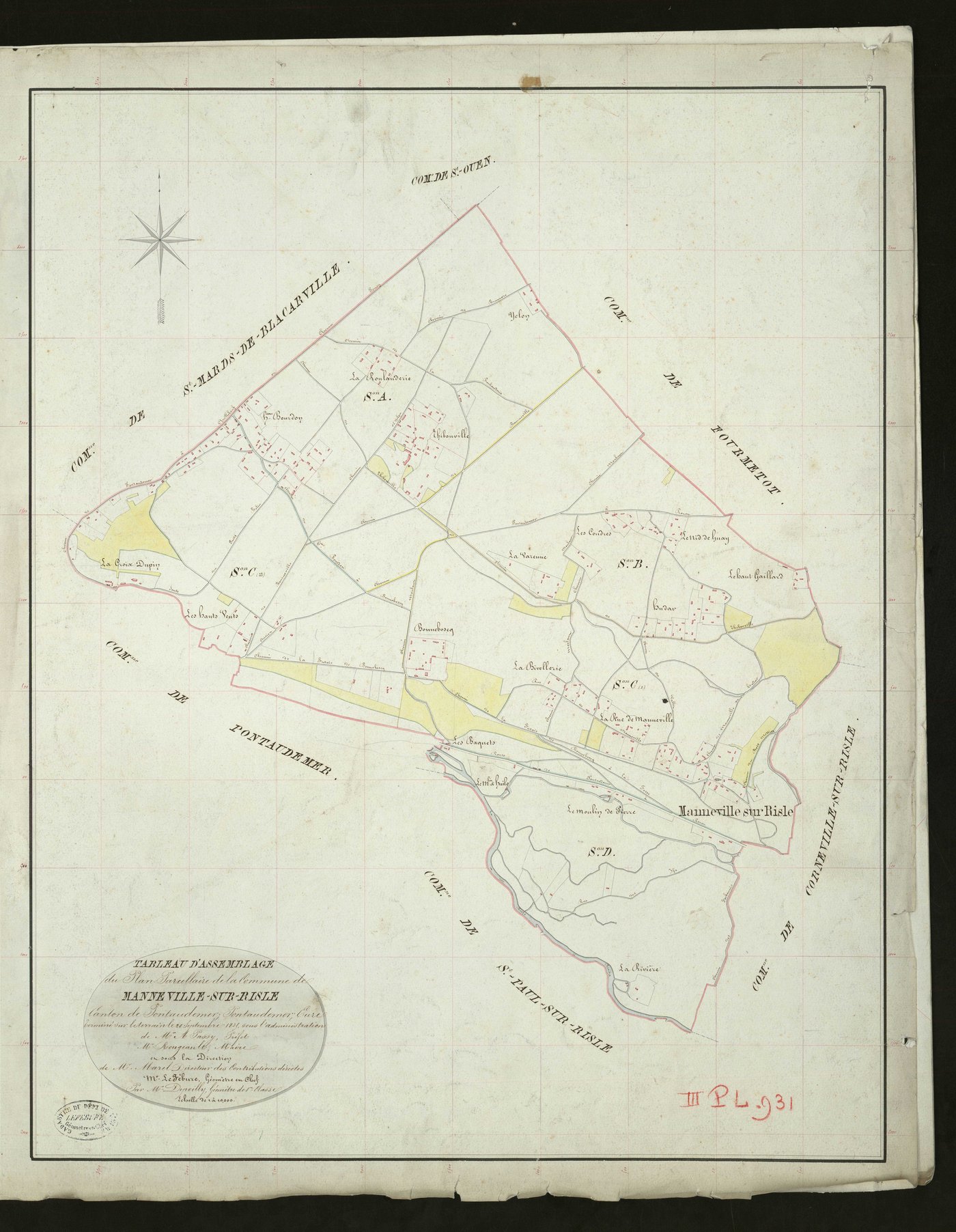 Manneville-sur-Risle. Tableau d'assemblage _ du Plan Parcellaire de la Commune de Manneville-sur-Risle _ Canton de Pontaudemer - Pontaudemer - Eure. _ Terminé sur le Terrain le 20 Septembre 1835, sous l'administration de M. A Passy, Préfet 