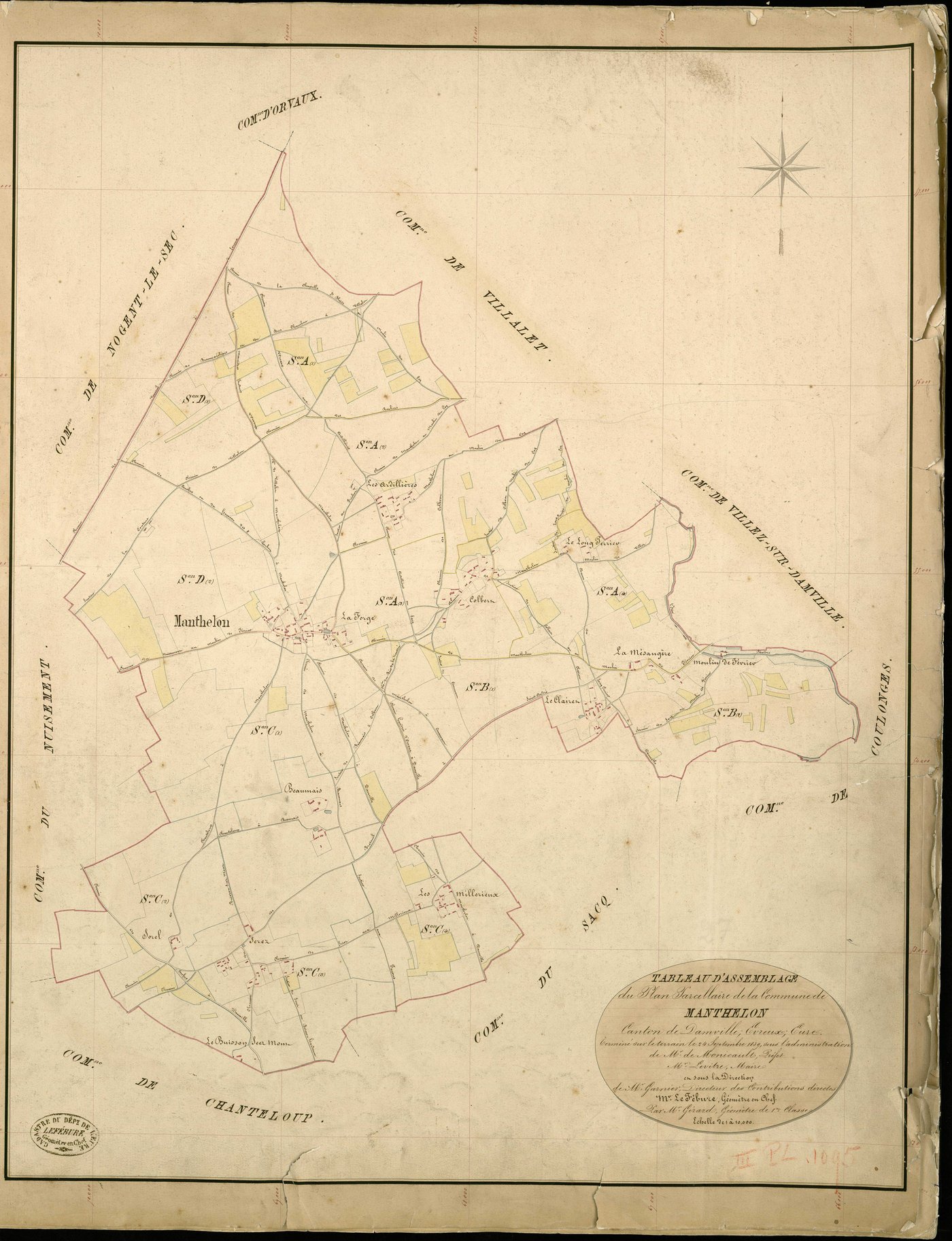 Manthelon. Tableau d'assemblage _ du Plan Parcellaire de la Commune de Manthelon _ Canton de Damville - Evreux - Eure. _ Terminé sur le Terrain le 24 Septembre 1839 , sous l'administration de M. de Monicault, Préfet _ M. Levitre, Maire _ so