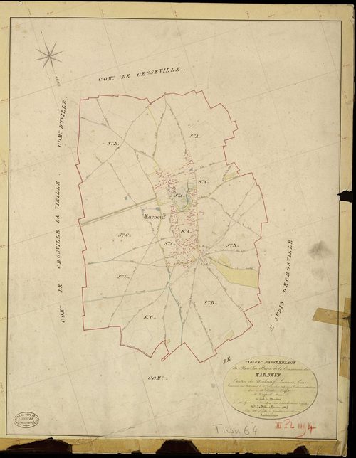 Marbeuf. Tableau d'assemblage _ du Plan Parcellaire de la Commune de Marbeuf _ Canton de Neubourg - Louviers - Eure. _ Terminé sur le Terrain le 27 Décembre 1843, sous l'administration de M. Zédé, Préfet _ M. Dugard, Maire _ et sous la Dire