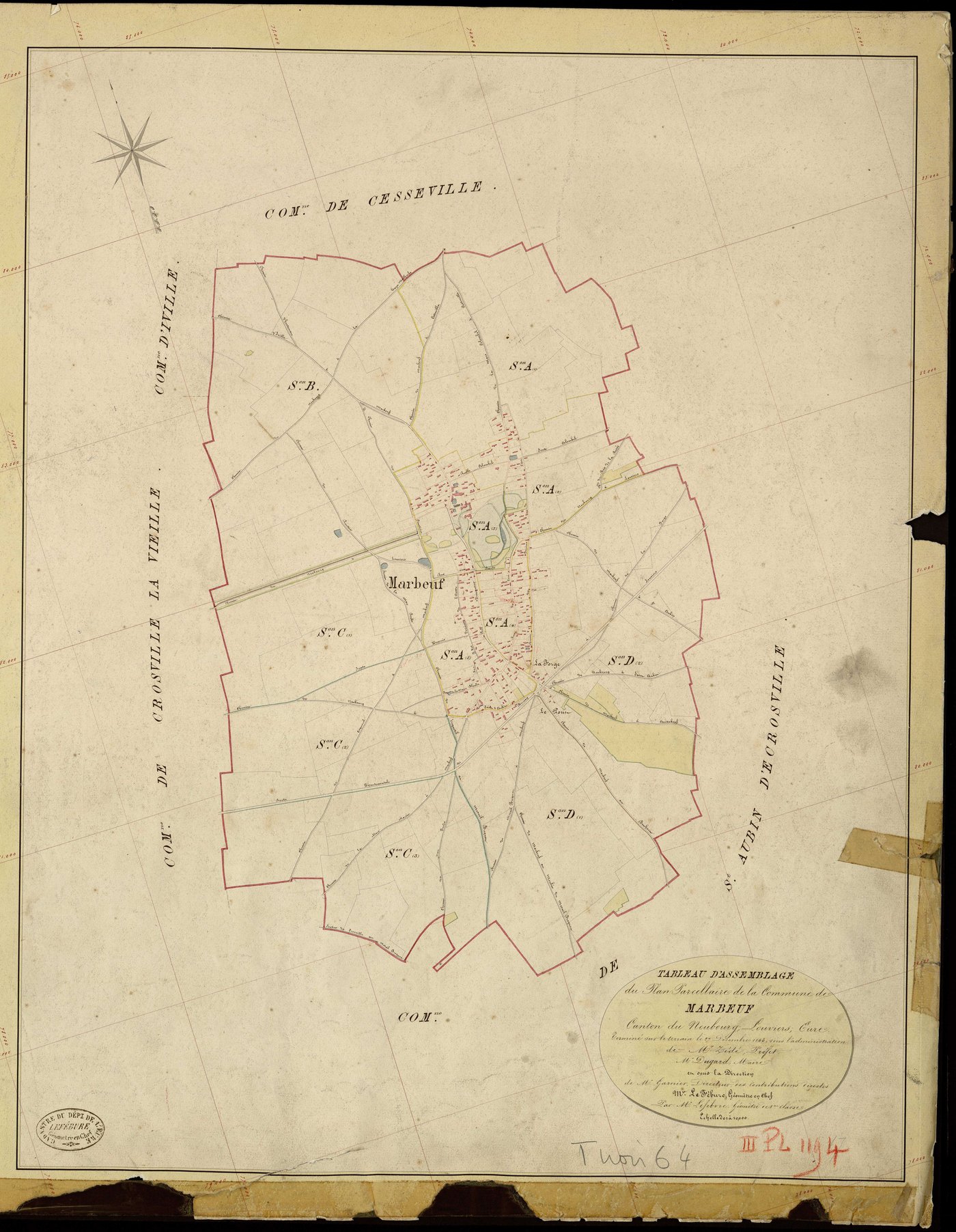 Marbeuf. Tableau d'assemblage _ du Plan Parcellaire de la Commune de Marbeuf _ Canton de Neubourg - Louviers - Eure. _ Terminé sur le Terrain le 27 Décembre 1843, sous l'administration de M. Zédé, Préfet _ M. Dugard, Maire _ et sous la Dire