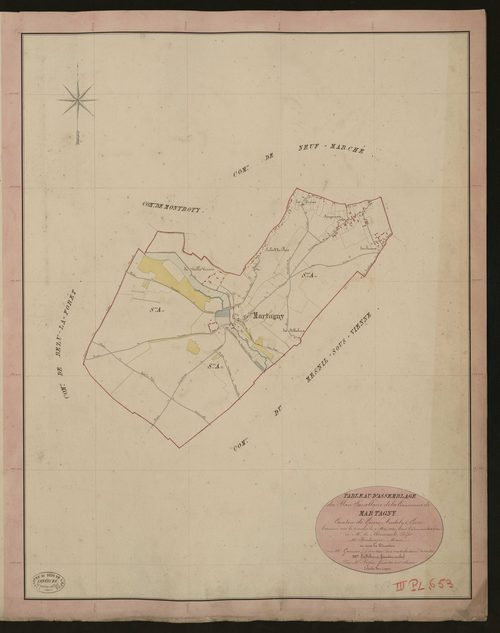 Martagny. Tableau d'assemblage du Plan Parcellaire de la Commune de Martagny. _ Canton de Gisors - Andelys - Eure. _ Terminé sur le terrain le 9 mai 1840, sous l'administration de M. de Monicault, Préfet - M. Boulanger, Maire et sous la dir