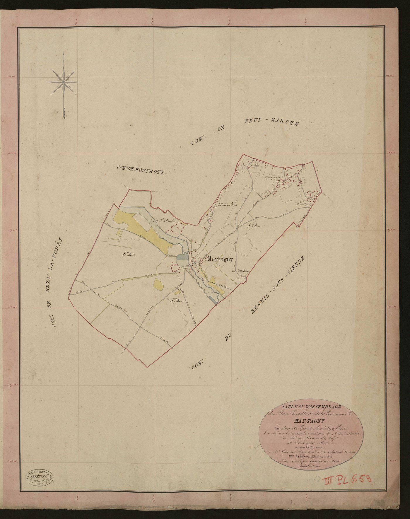 Martagny. Tableau d'assemblage du Plan Parcellaire de la Commune de Martagny. _ Canton de Gisors - Andelys - Eure. _ Terminé sur le terrain le 9 mai 1840, sous l'administration de M. de Monicault, Préfet - M. Boulanger, Maire et sous la dir