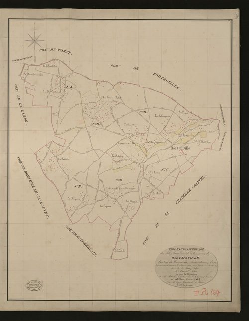 Martainville. Tableau d'assemblage _ du Plan Parcellaire de la Commune de Martainville _ Canton de Beuzeville - Pontaudemer - Eure. _ Terminé sur le terrain le 21 février 1834, sous l'administration de M. A Passy, Préfet _ M. Vauviel, maire