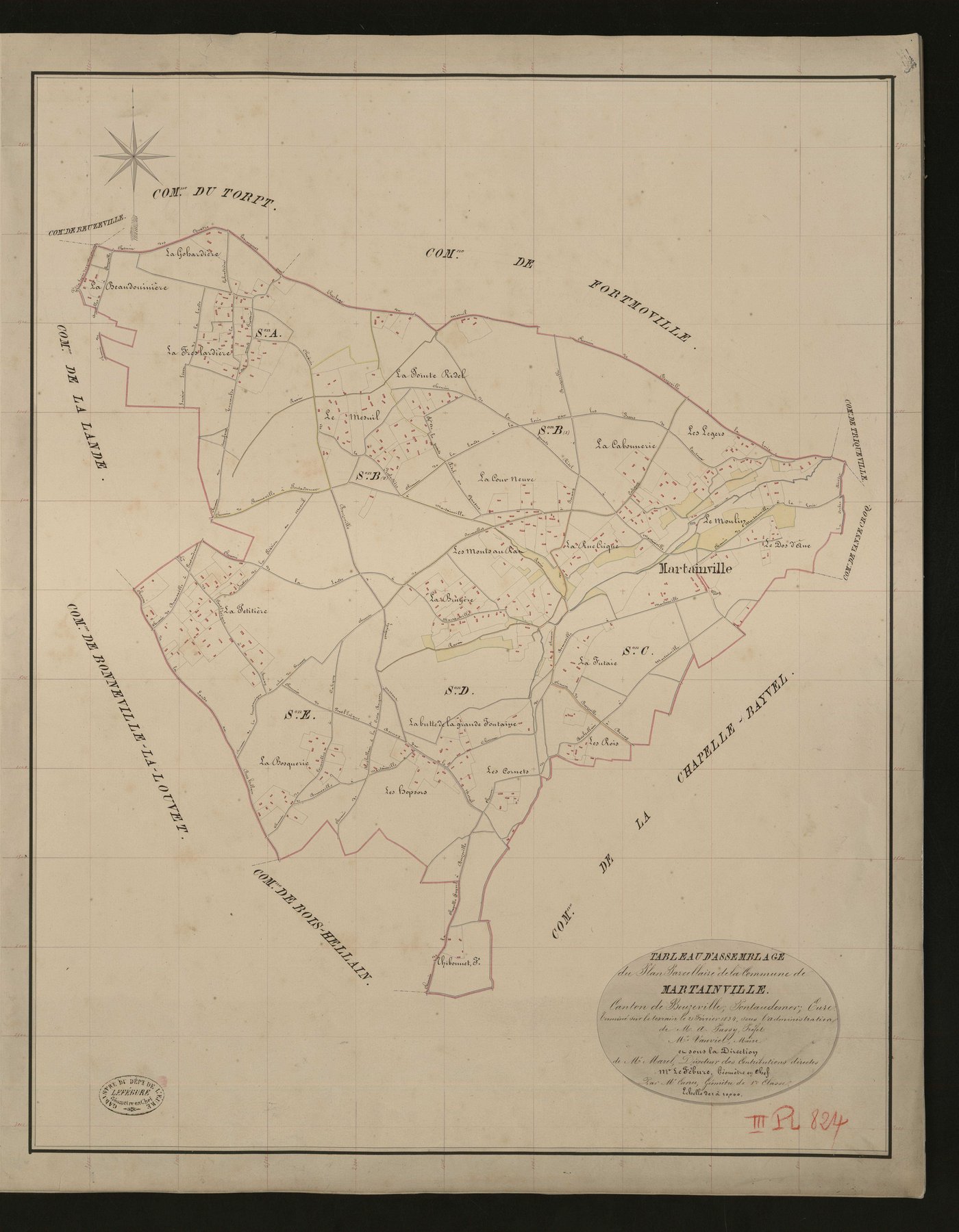 Martainville. Tableau d'assemblage _ du Plan Parcellaire de la Commune de Martainville _ Canton de Beuzeville - Pontaudemer - Eure. _ Terminé sur le terrain le 21 février 1834, sous l'administration de M. A Passy, Préfet _ M. Vauviel, maire