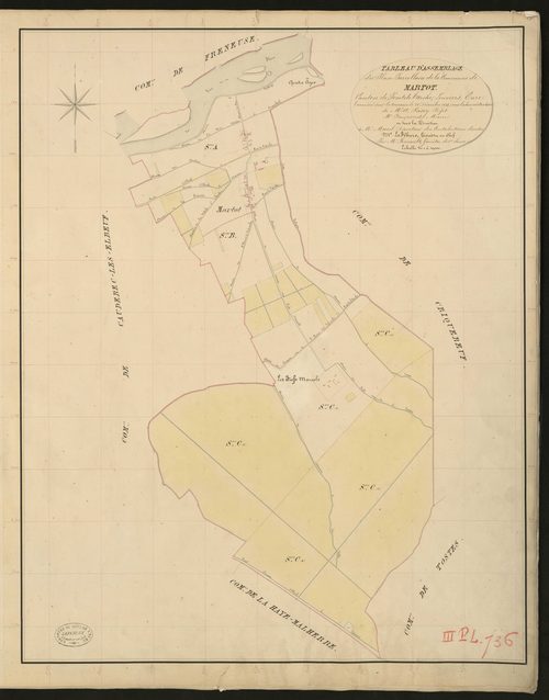 Martot. Tableau d'assemblage _ du Plan Parcellaire de la Commune de Martot. _ Canton de Pont-de-l'Arche - Louviers - Eure. _ Terminé sur le terrain le 28 décembre 1834 sous l'administration de M. A. Passy, Préfet _ M. Faupoint, maire _ en s