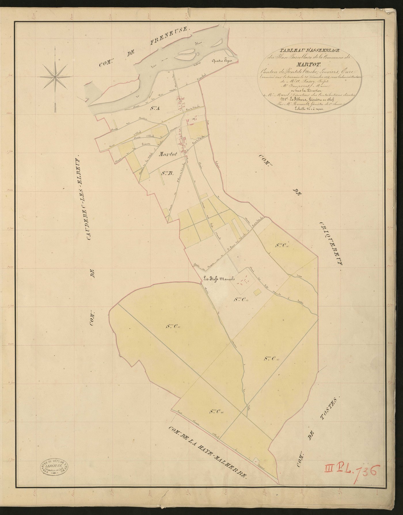 Martot. Tableau d'assemblage _ du Plan Parcellaire de la Commune de Martot. _ Canton de Pont-de-l'Arche - Louviers - Eure. _ Terminé sur le terrain le 28 décembre 1834 sous l'administration de M. A. Passy, Préfet _ M. Faupoint, maire _ en s