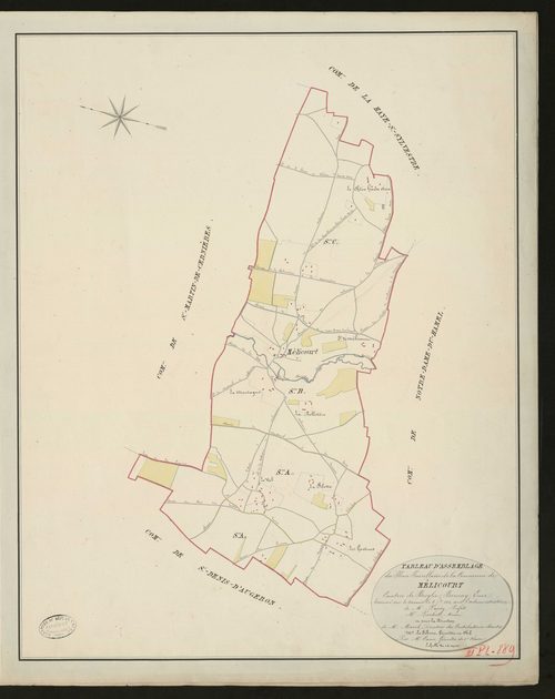 Mélicourt. Tableau d'assemblage du Plan Parcellaire de la Commune de Mélicourt _ Canton de Broglie - Bernay - Eure. _ Terminé sur le terrain le 8 septembre 1831 sous l'administration _ de Mr Passy, Préfet _ Mr Puchet, Maire _ et sous la dir
