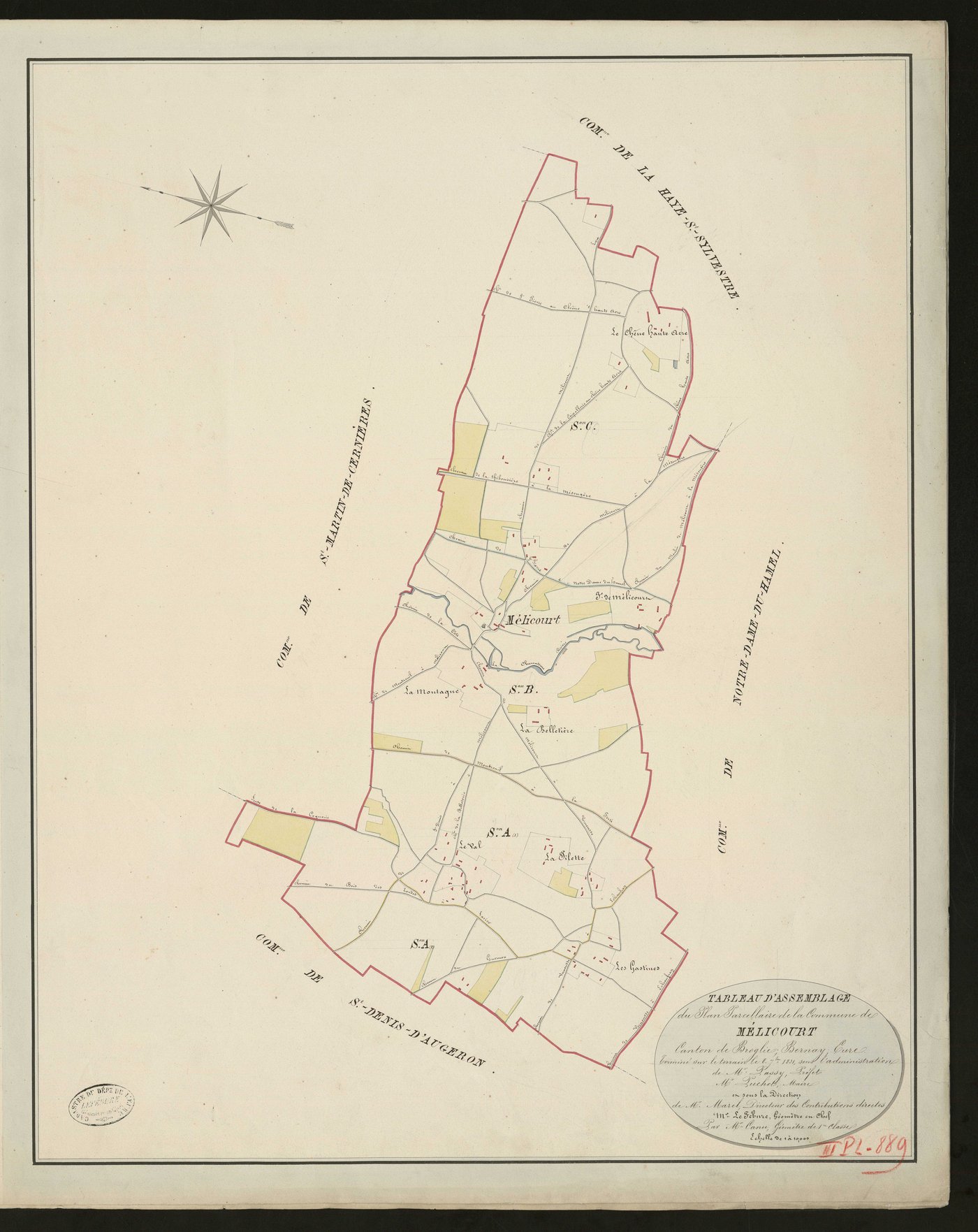 Mélicourt. Tableau d'assemblage du Plan Parcellaire de la Commune de Mélicourt _ Canton de Broglie - Bernay - Eure. _ Terminé sur le terrain le 8 septembre 1831 sous l'administration _ de Mr Passy, Préfet _ Mr Puchet, Maire _ et sous la dir