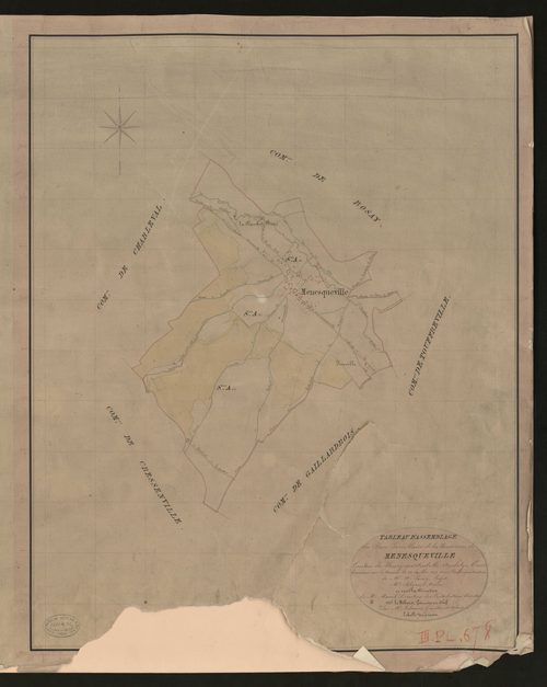 Ménesqueville. Tableau d'assemblage du Plan Parcellaire de la Commune de Ménesqueville. _ Canton de Fleury-sur-Andelle - Andelys - Eure. _ Terminé sur le terrain le 20 juillet 1835, sous l'administration de M. A. Passy, Préfet - M. Silger, 