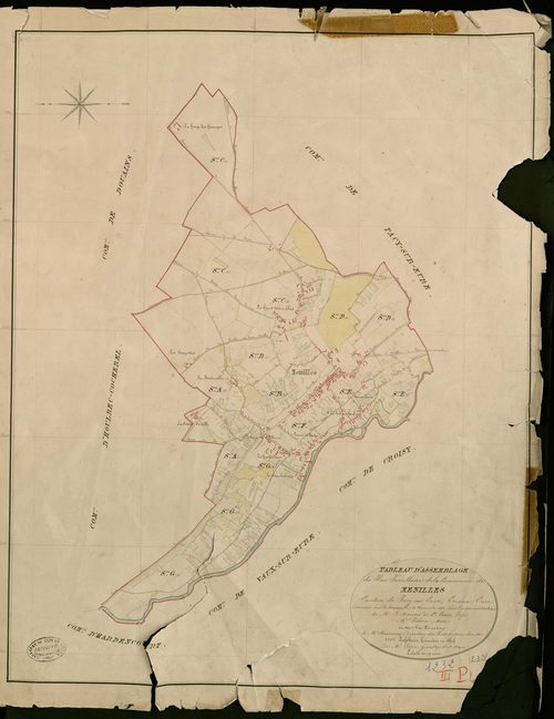 Ménilles. Tableau d'assemblage _ du Plan Parcellaire de la Commune de Menilles _ Canton de Pacy sur Eure - Evreux - Eure. _ Terminé sur le Terrain le 20 Novembre 1852, sous l'administration de M. Le Marquis de Ste Croix, Préfet _ M. Pichou,