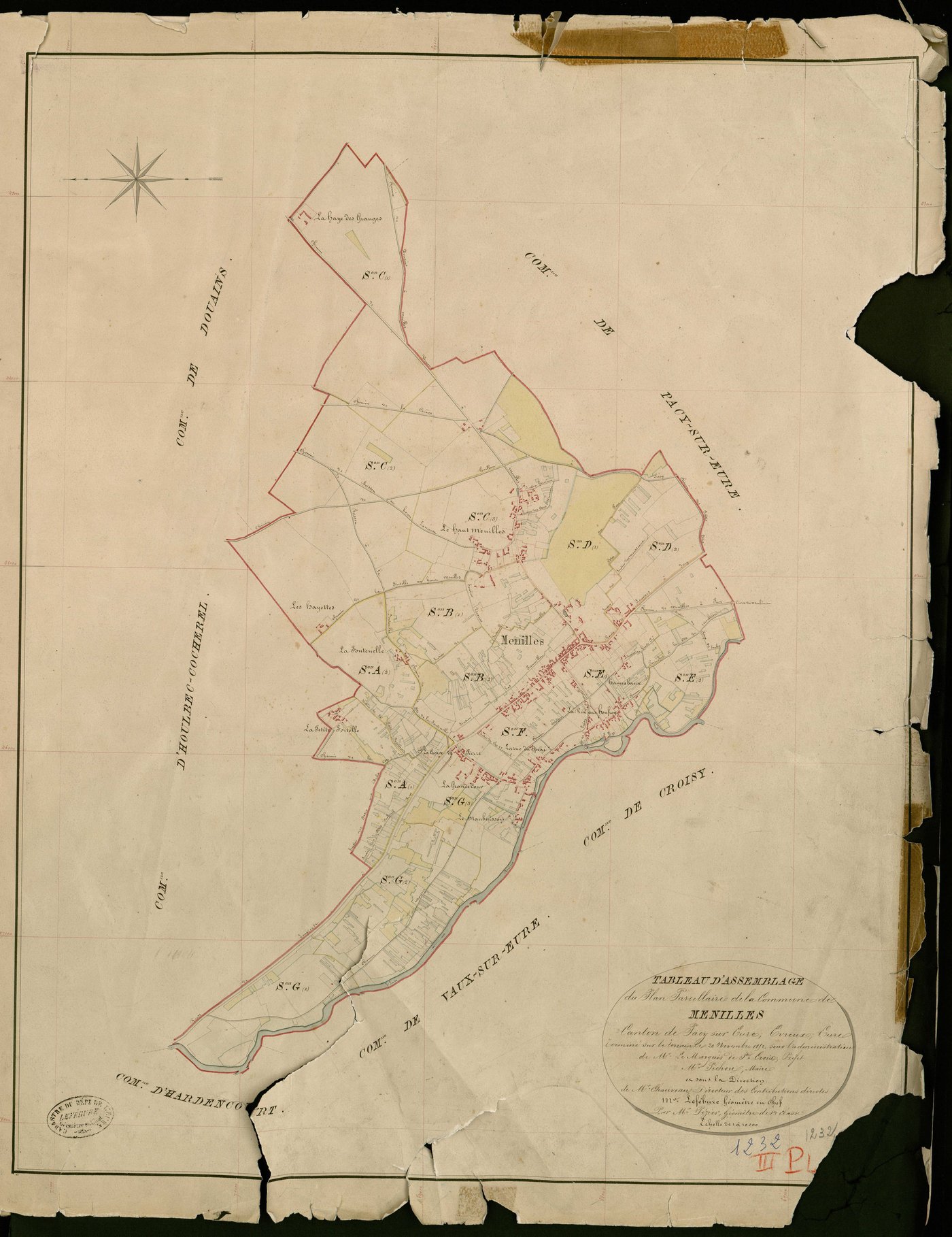 Ménilles. Tableau d'assemblage _ du Plan Parcellaire de la Commune de Menilles _ Canton de Pacy sur Eure - Evreux - Eure. _ Terminé sur le Terrain le 20 Novembre 1852, sous l'administration de M. Le Marquis de Ste Croix, Préfet _ M. Pichou,