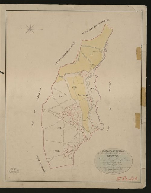 Menneval. Tableau d'assemblage du Plan Parcellaire de la Commune de Menneval _ Canton de Bernay - Bernay - Eure. _ Terminé sur le terrain le 15 septembre 1830, sous l'administration de M. A Passy, Préfet - M. Le Comte d'Auger, Maire et sous