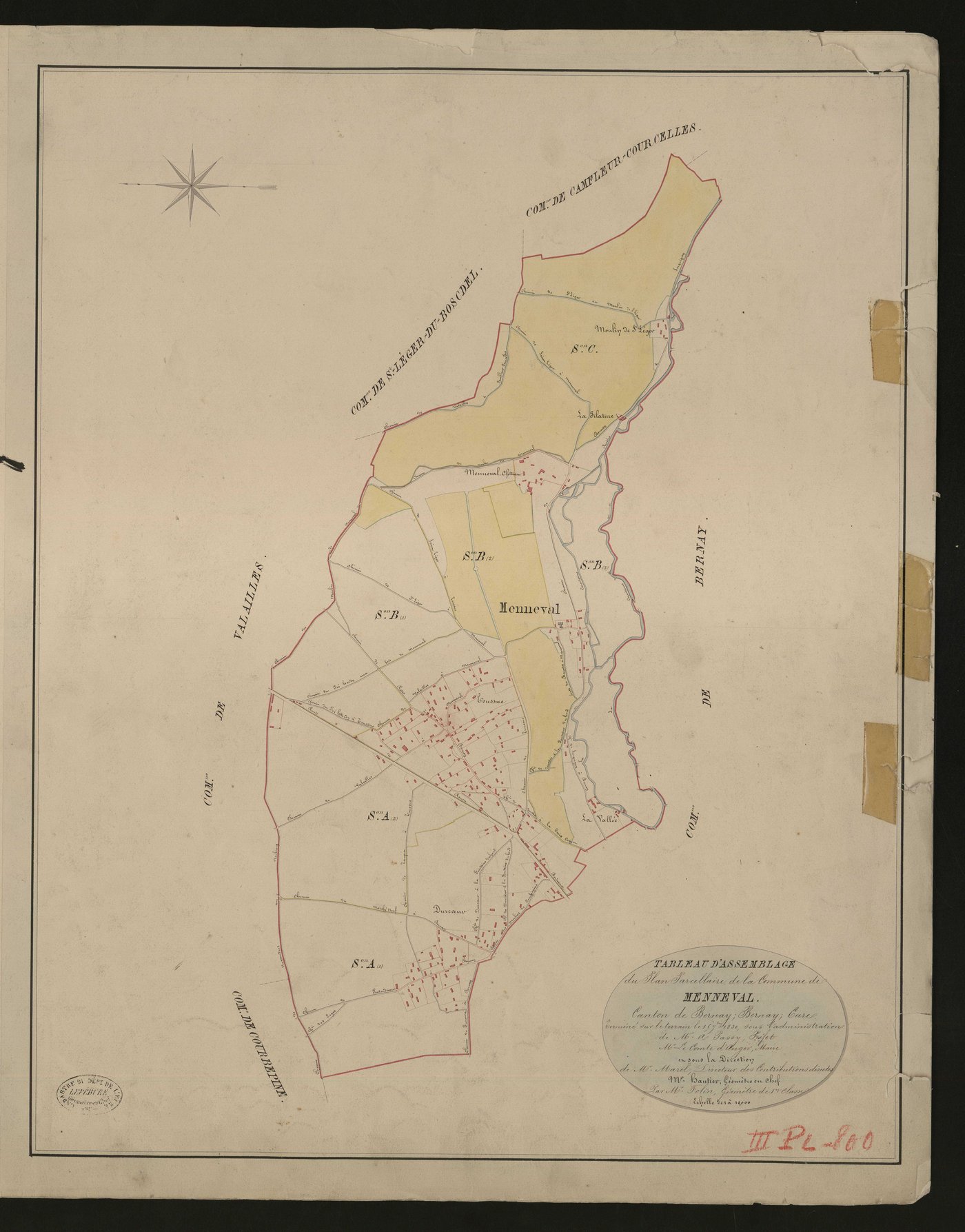 Menneval. Tableau d'assemblage du Plan Parcellaire de la Commune de Menneval _ Canton de Bernay - Bernay - Eure. _ Terminé sur le terrain le 15 septembre 1830, sous l'administration de M. A Passy, Préfet - M. Le Comte d'Auger, Maire et sous