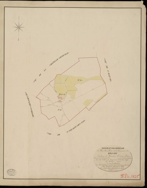 Mercey. Tableau d'assemblage _ du Plan Parcellaire de la Commune de Mercey _ Canton de Vernon - Evreux - Eure. _ Terminé sur le Terrain en 1825, sous l'administration de M. Le Vicomte Raymond Delaitre, Préfet _ M. Hébert, Maire _ et sous la