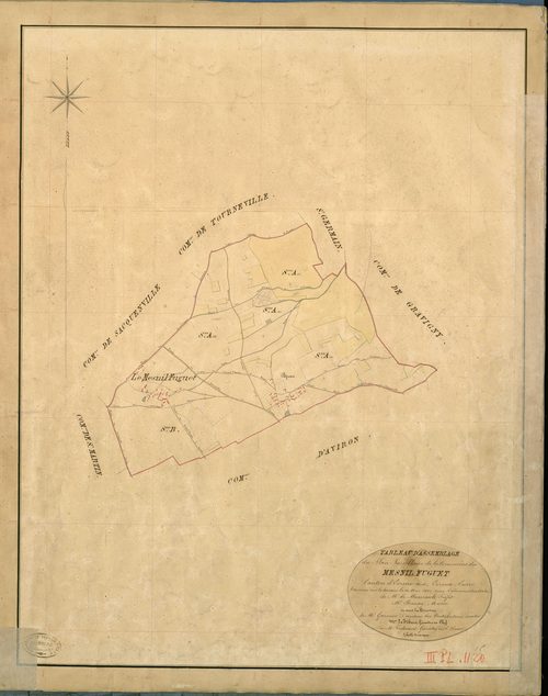 Mesnil-Fuguet (Le). Tableau d'assemblage _ du Plan Parcellaire de la Commune du Mesnil Fuguet _ Canton de Evreux (nord) - Evreux - Eure. _ Terminé sur le Terrain le 20 Mai 1841 , sous l'administration de M. de Monicault, Préfet _ M. Bernay,