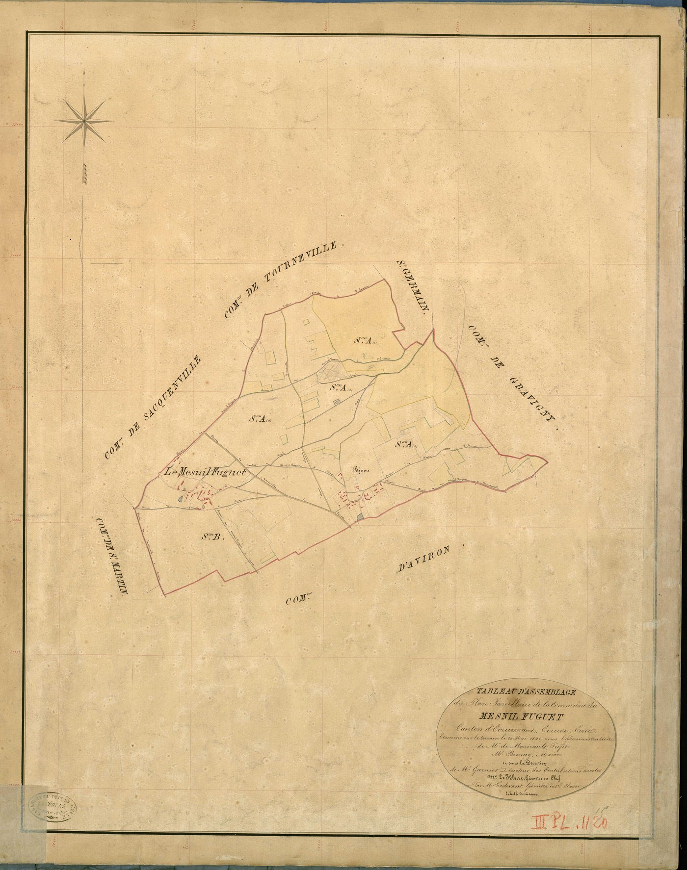 Mesnil-Fuguet (Le). Tableau d'assemblage _ du Plan Parcellaire de la Commune du Mesnil Fuguet _ Canton de Evreux (nord) - Evreux - Eure. _ Terminé sur le Terrain le 20 Mai 1841 , sous l'administration de M. de Monicault, Préfet _ M. Bernay,