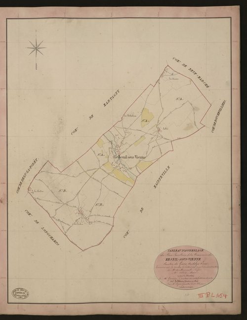Mesnil-sous-Vienne. Tableau d'assemblage du Plan Parcellaire de la Commune de Mesnil-sous-Vienne. _ Canton de Gisors - Andelys - Eure. _ Terminé sur le terrain le 28 août 1840, sous l'administration de M. de Monicault, Préfet - M. Allex, Ma