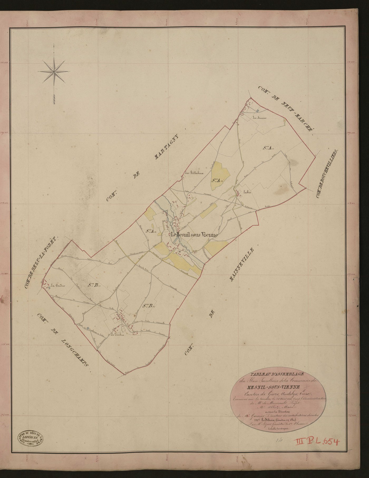 Mesnil-sous-Vienne. Tableau d'assemblage du Plan Parcellaire de la Commune de Mesnil-sous-Vienne. _ Canton de Gisors - Andelys - Eure. _ Terminé sur le terrain le 28 août 1840, sous l'administration de M. de Monicault, Préfet - M. Allex, Ma