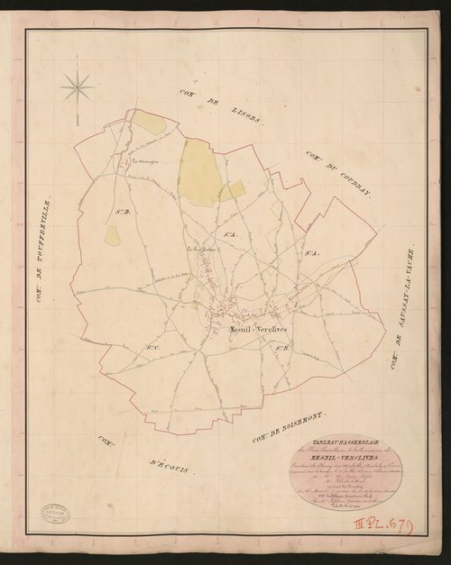 Mesnil-Verclives. Tableau d'assemblage du Plan Parcellaire de la Commune de Mesnil-Verclives. _ Canton de Fleury-sur-Andelle - Andelys - Eure. _ Terminé sur le terrain le 22 juillet 1835, sous l'administration de M. A. Passy, Préfet - M. Le