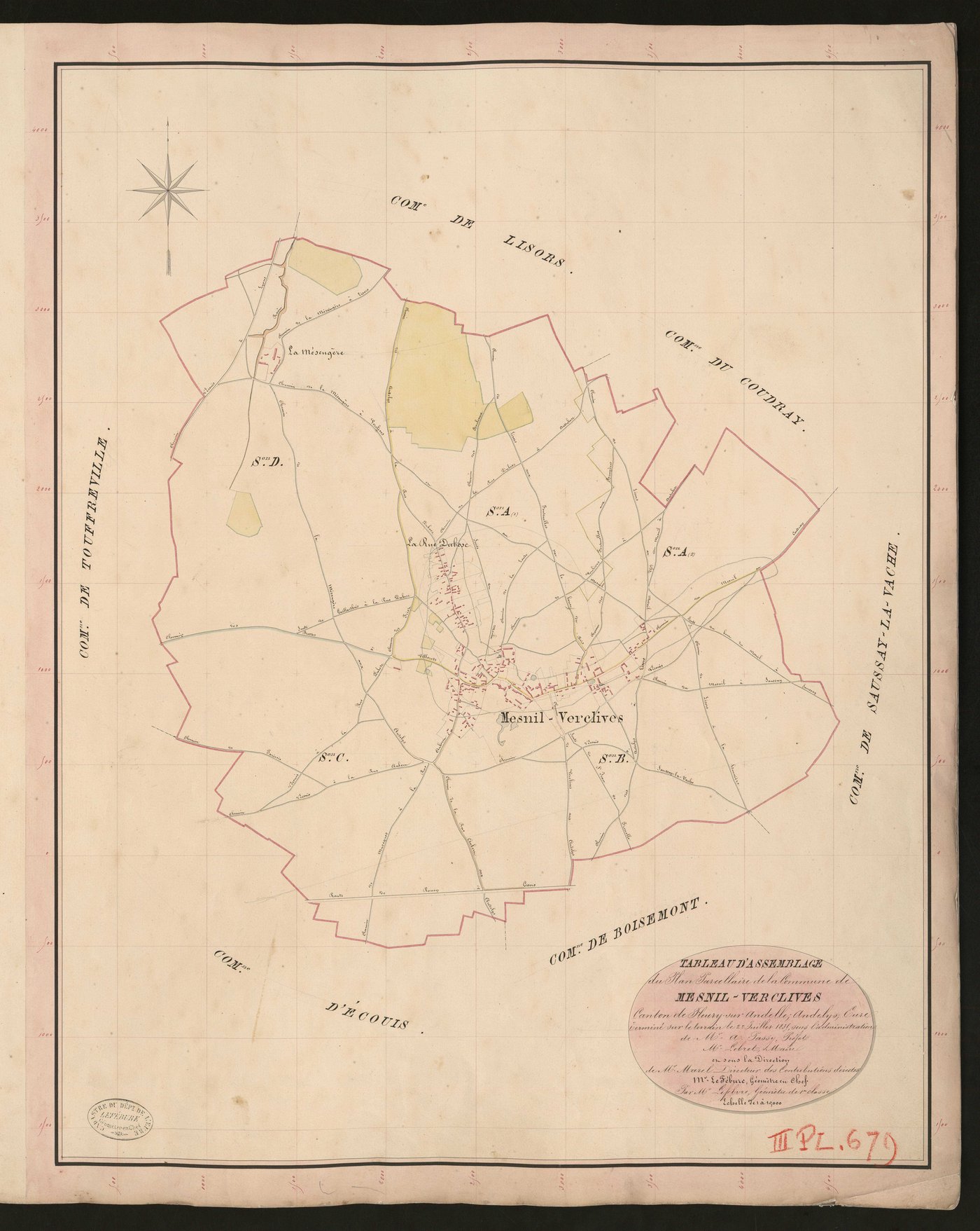 Mesnil-Verclives. Tableau d'assemblage du Plan Parcellaire de la Commune de Mesnil-Verclives. _ Canton de Fleury-sur-Andelle - Andelys - Eure. _ Terminé sur le terrain le 22 juillet 1835, sous l'administration de M. A. Passy, Préfet - M. Le