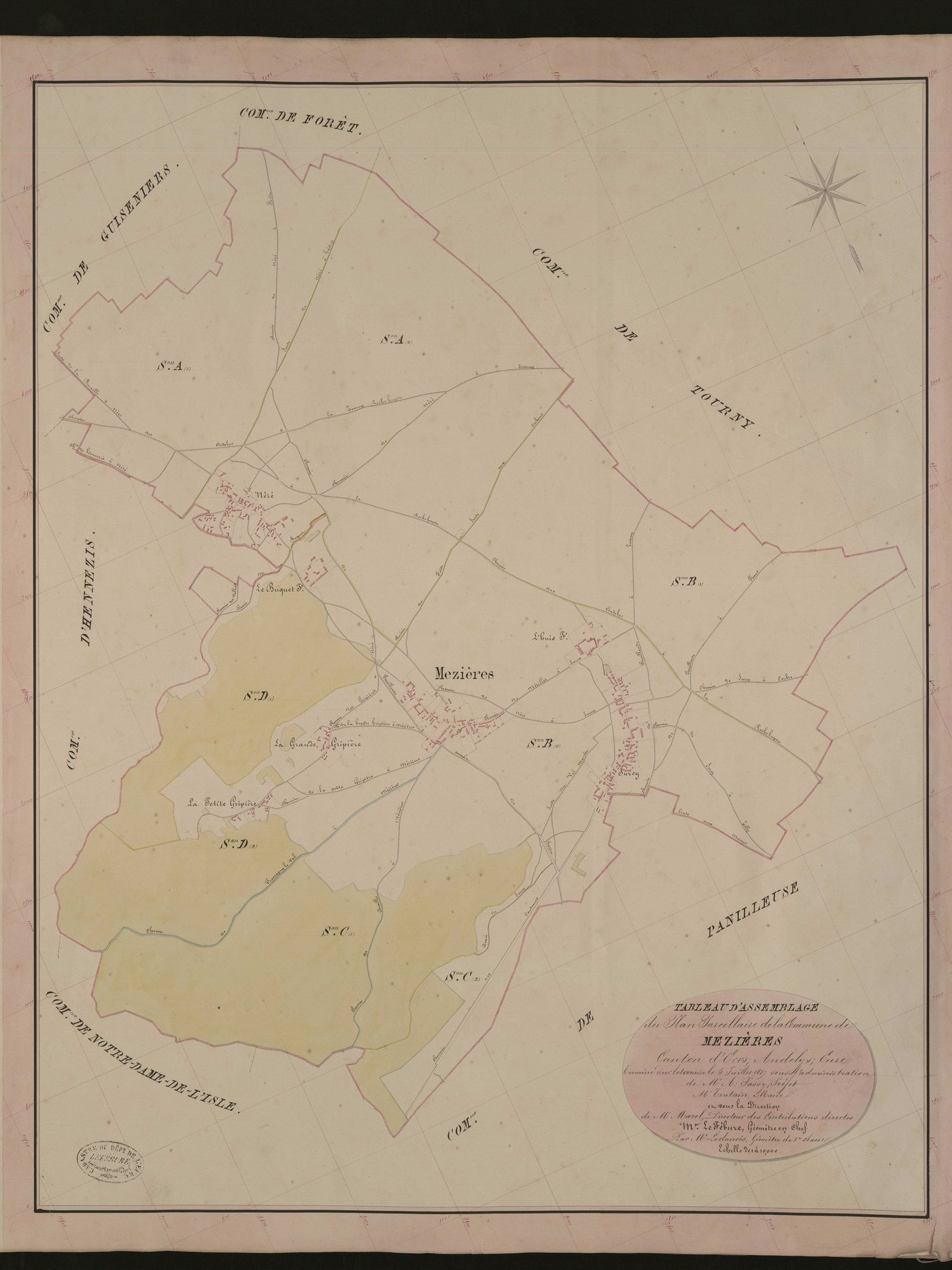 Mézières-en-Vexin. Tableau d'assemblage du Plan Parcellaire de la Commune de Mezières. _ Canton d'Ecos - Andelys - Eure. _ Terminé sur le terrain le 5 juillet 1837, sous l'administration de M. A Passy, Préfet - M. Toutain, Maire et sous la 