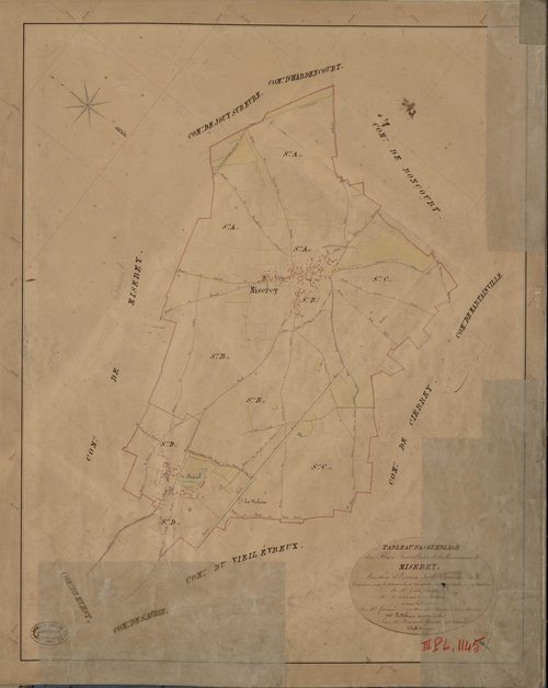 Miserey. Tableau d'assemblage _ du Plan Parcellaire de la Commune de Miserey _ Canton de Evreux Sud - Evreux - Eure. _ Terminé sur le Terrain le 13 Novembre 1845, sous l'administration de M. Zédé, Préfet _ M. Duhamel, Maire _ sous la Direct